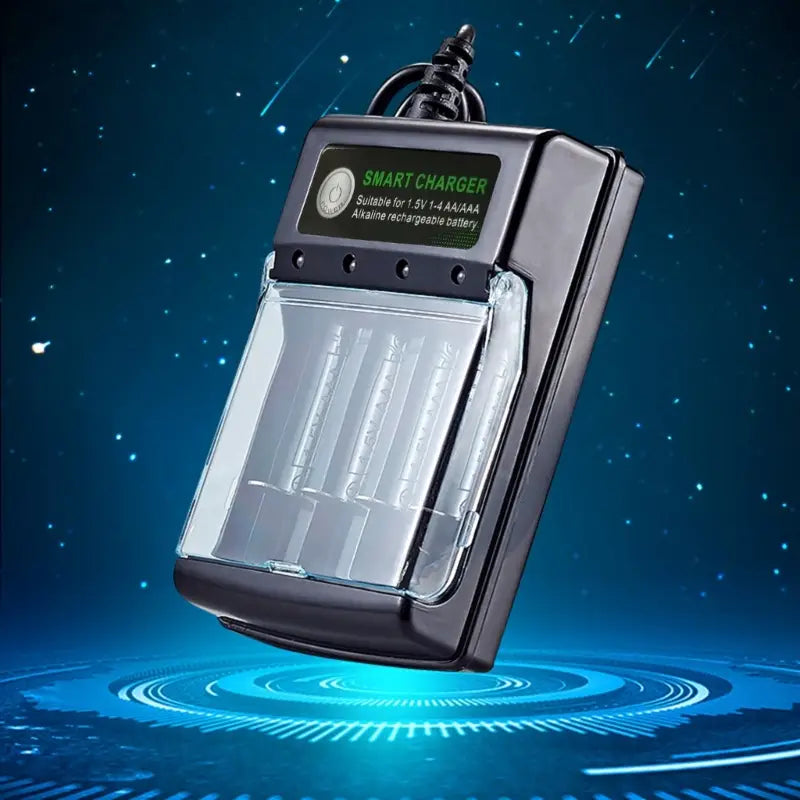 Black smart usb charger with transparent front panel designed for 1.5v aa and aaa alkaline rechargeable batteries with four charging slots.