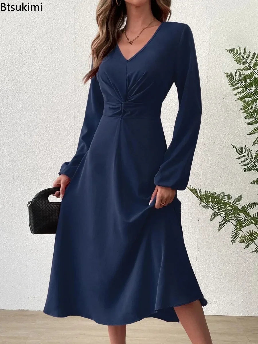 Women's Autumn Winter Dresses Sexy Elegant Long Skirt French V-neck Temperament Commuter A-line High-waisted Dress Evening Gown