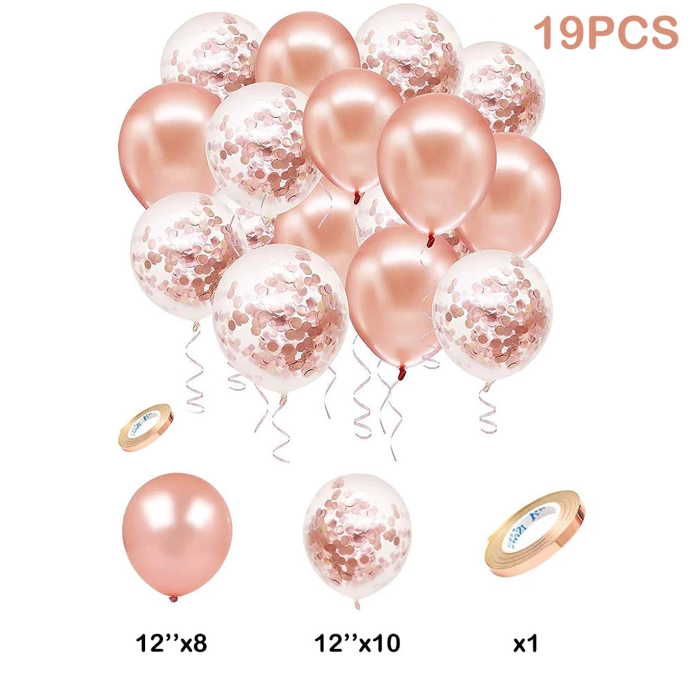 19/26pcs 12inch Rose Gold Confetti Latex Balloons White Metal Rose Gold Balloon Ribbon Wedding Bridal Shower Decoration Birthday