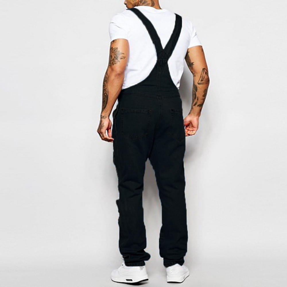 Schwarze, zerrissene Jeans-Latzhosen mit klassischem X-Back-Design und verstellbaren Trägern, von hinten gezeigt, für den Freizeitgebrauch