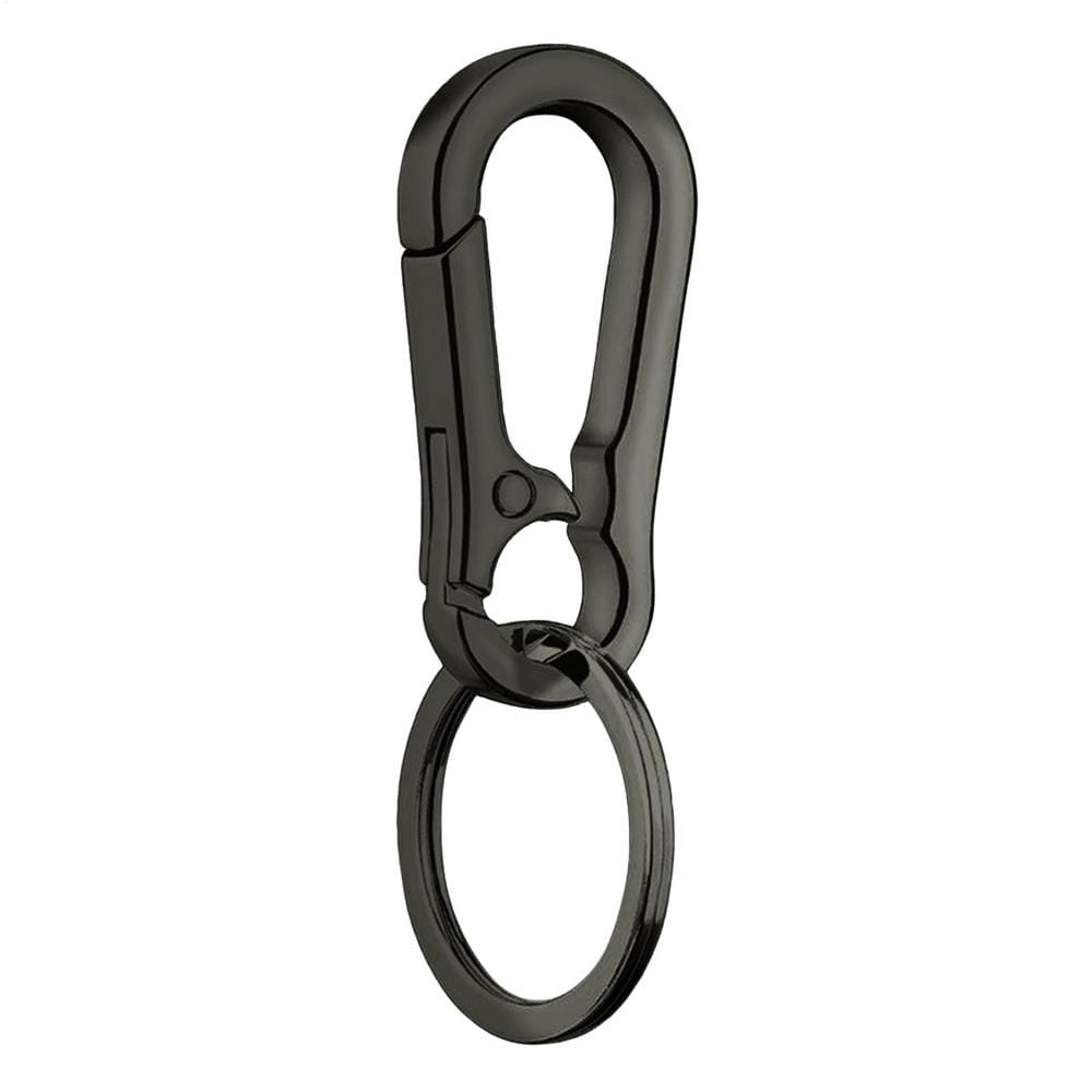 Black metal zinc alloy car keychain with anti-lost carabiner ring and attached key ring.