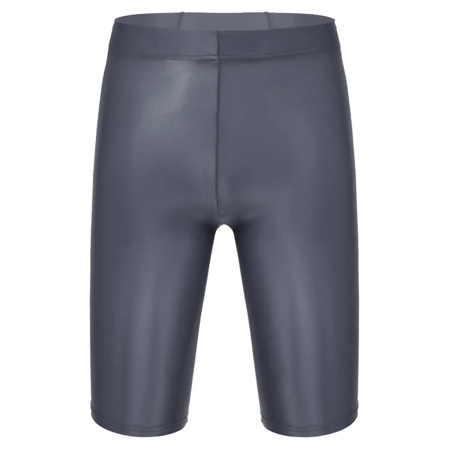 Shorts de color gris oscuro brillantes, ajustados, con material elástico liso y cintura alta, que complementan la camiseta de compresión para hombre de manga larga y acabado brillante.