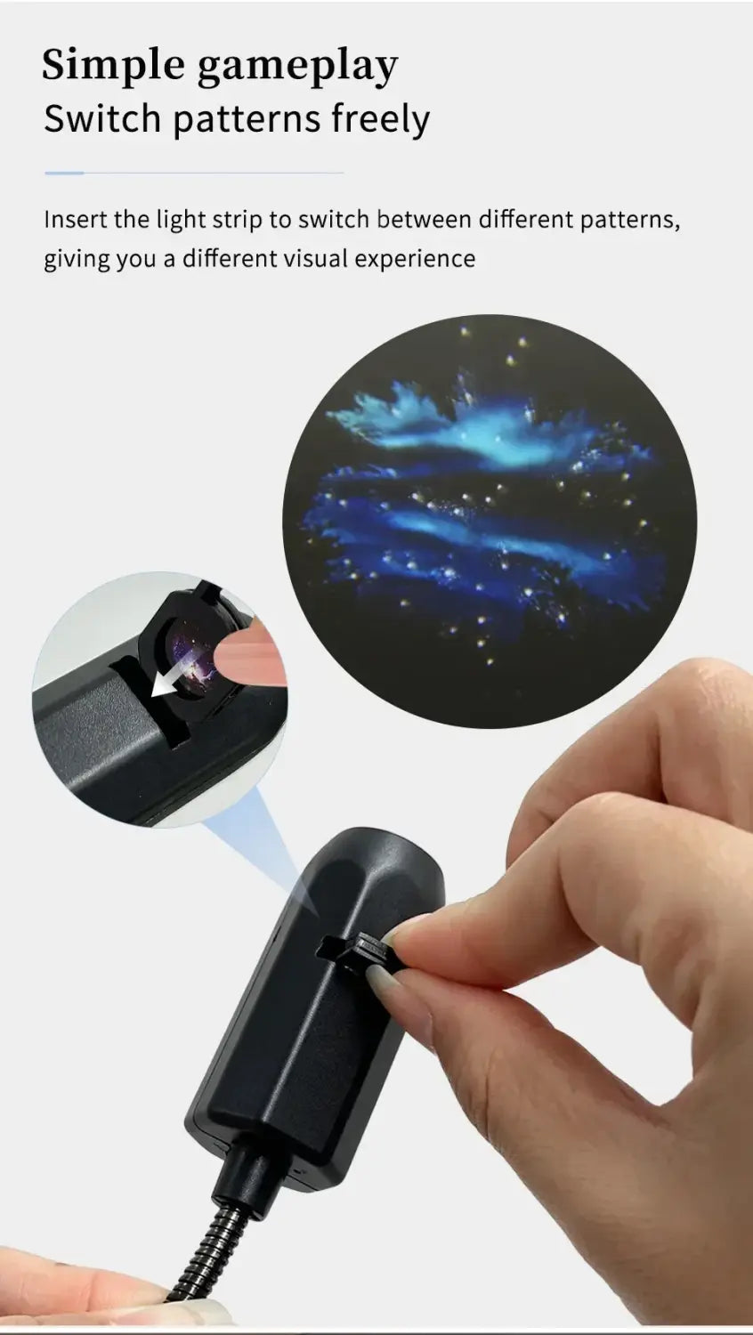 projecteur de galaxie ciel étoilé noir en plastique avec câble USB flexible, conçu pour la projection en série de diapositives de motifs de nuit étoilée.