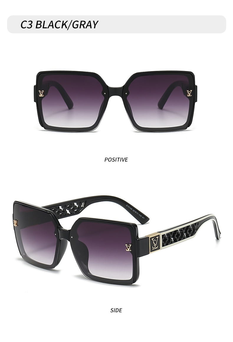 Lunettes de soleil carrées surdimensionnées avec monture noire, verres dégradés violets, protection UV400 et accents de logo LV ton or sur les branches, conçues comme des lunettes de créateur unisexes.