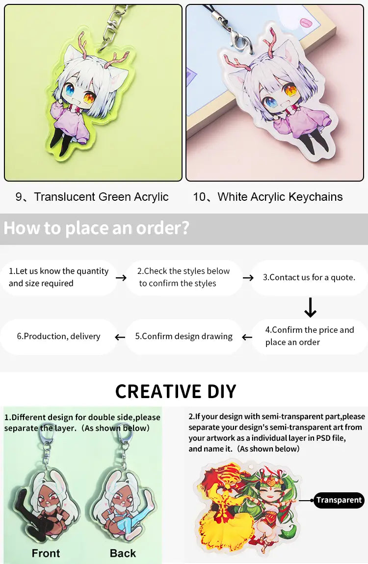 White acrylic keychain featuring a chibi-style character with antlers glowing orange eyes and pink clothing for a custom acrylic anime photo keychain personalized cartoon charm.