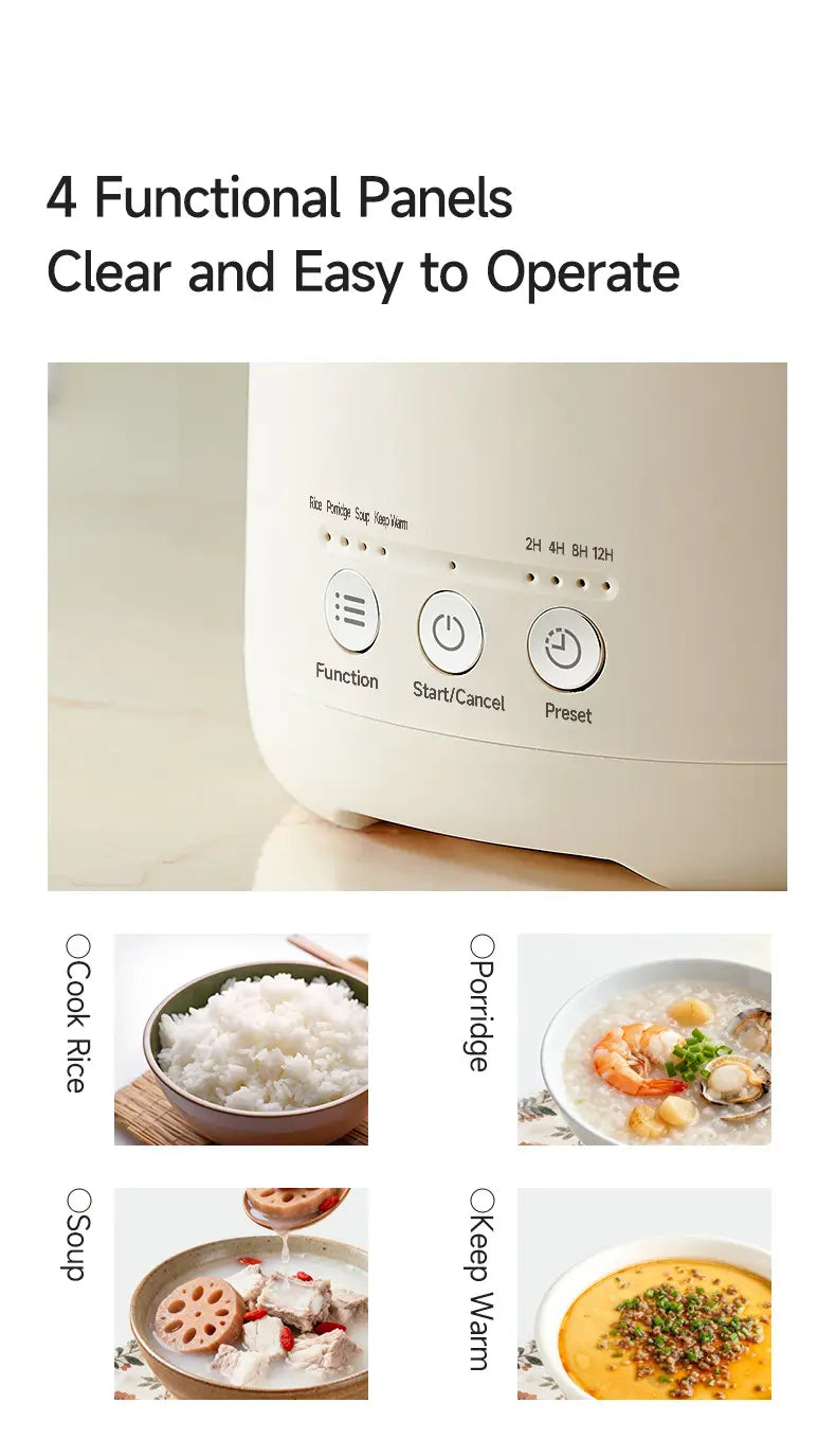 Zemkon 1,2-l Smart-Elektro-Reiskocher in Cremefarbe mit vier funktionalen Bedienfeldern und klaren Tasten zum Garen von Reissuppe, Porridge oder zum Warmhalten von Speisen.