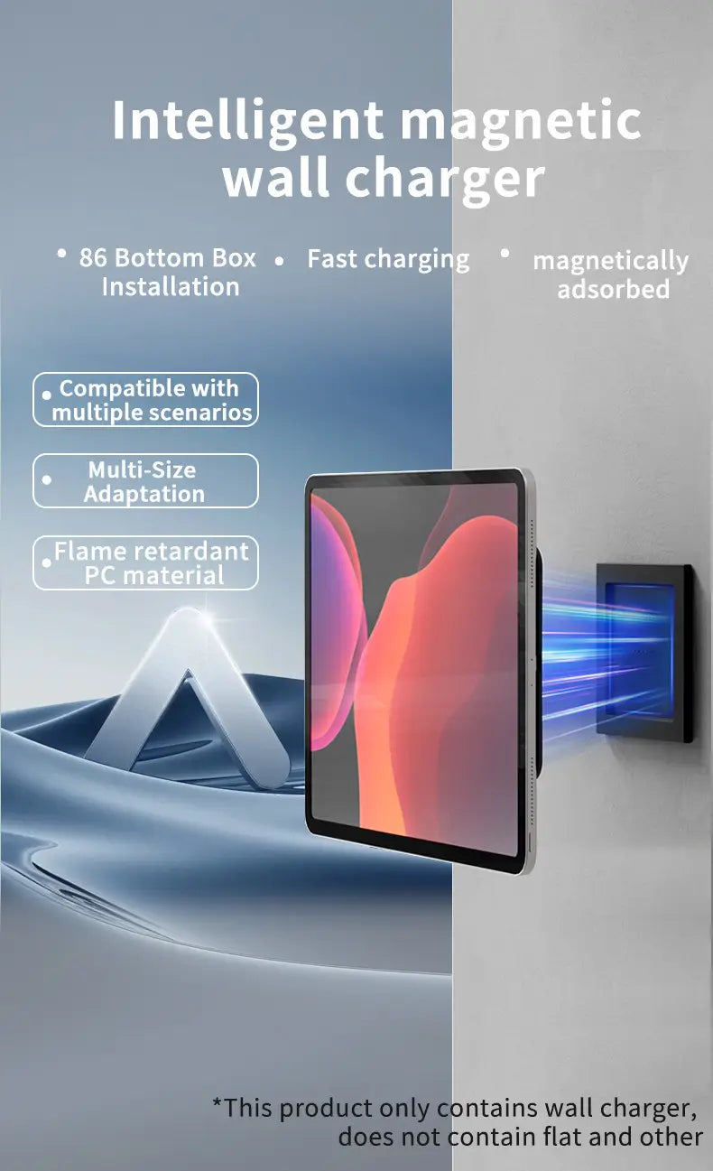 Intelligent magnetic black wall mount bracket with sleek finish and magnetically adsorbed design for fast charging of tablet wall mount devices.
