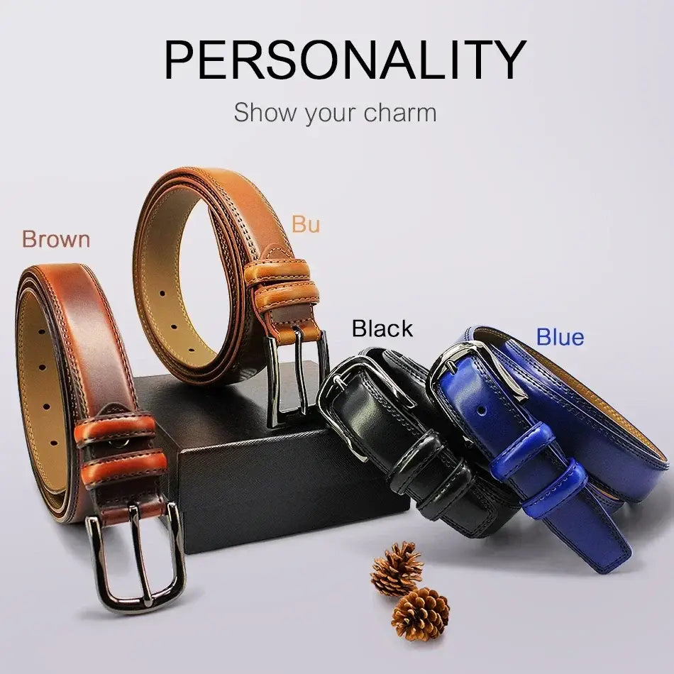 Genuine leather men reversible belt in brown with a polished metal buckle and contrasting tan stitching.