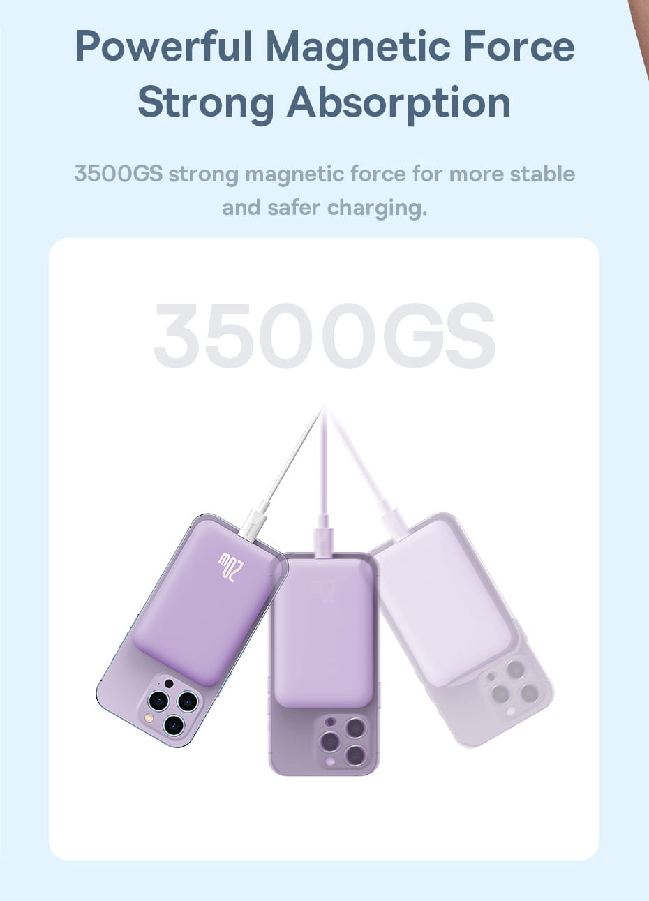 lavender-colored baseus magnetic power bank 20w wireless charger with sleek minimalist design and smooth plastic finish featuring high energy conversion rate and optimized version product capacity