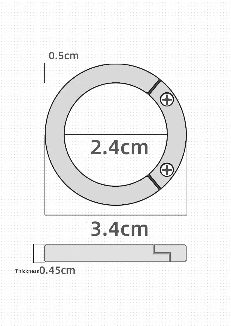 gray metallic metal car keychain detachable ring holder with 2.4cm inner diameter 3.4cm outer diameter 0.5cm thickness and two screw fasteners on its exterior surface