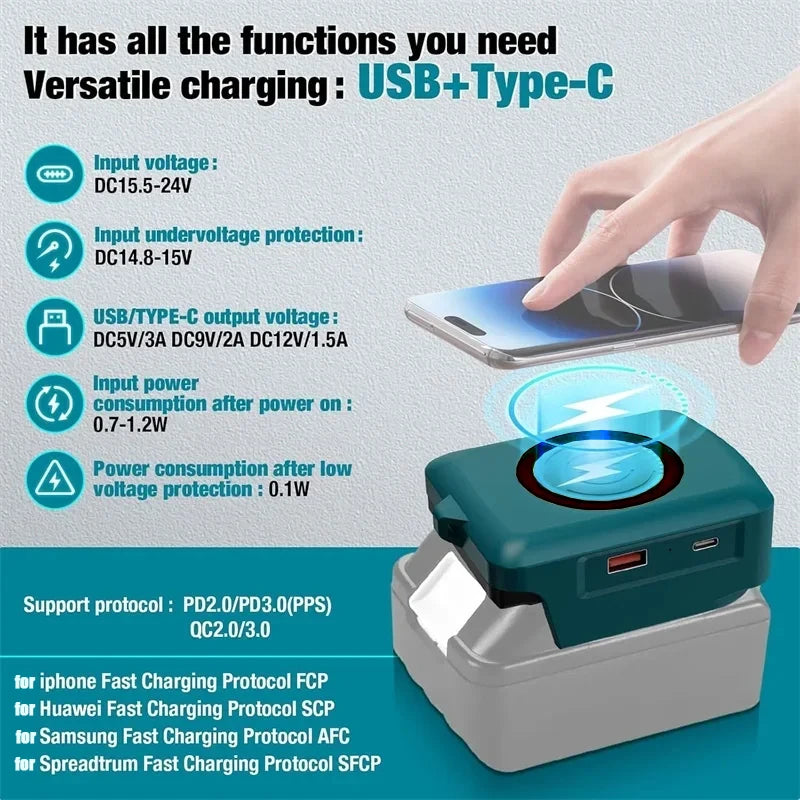 Wireless Charger Adapter 18V Lithium Battery Charging Station with Type-C&USB Port for Makita for Dewalt for Milwaukee for Bosch
