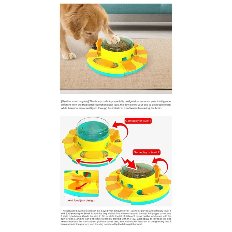 Bright yellow and teal multi-level slow feeder dog puzzle with flip-up barriers for interactive dry food dispensing and feeding.