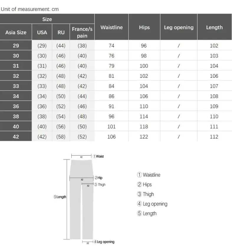 Size chart and measurement diagram for men’s protective motorcycle denim jeans illustrating key dimensions for accurate fitting.