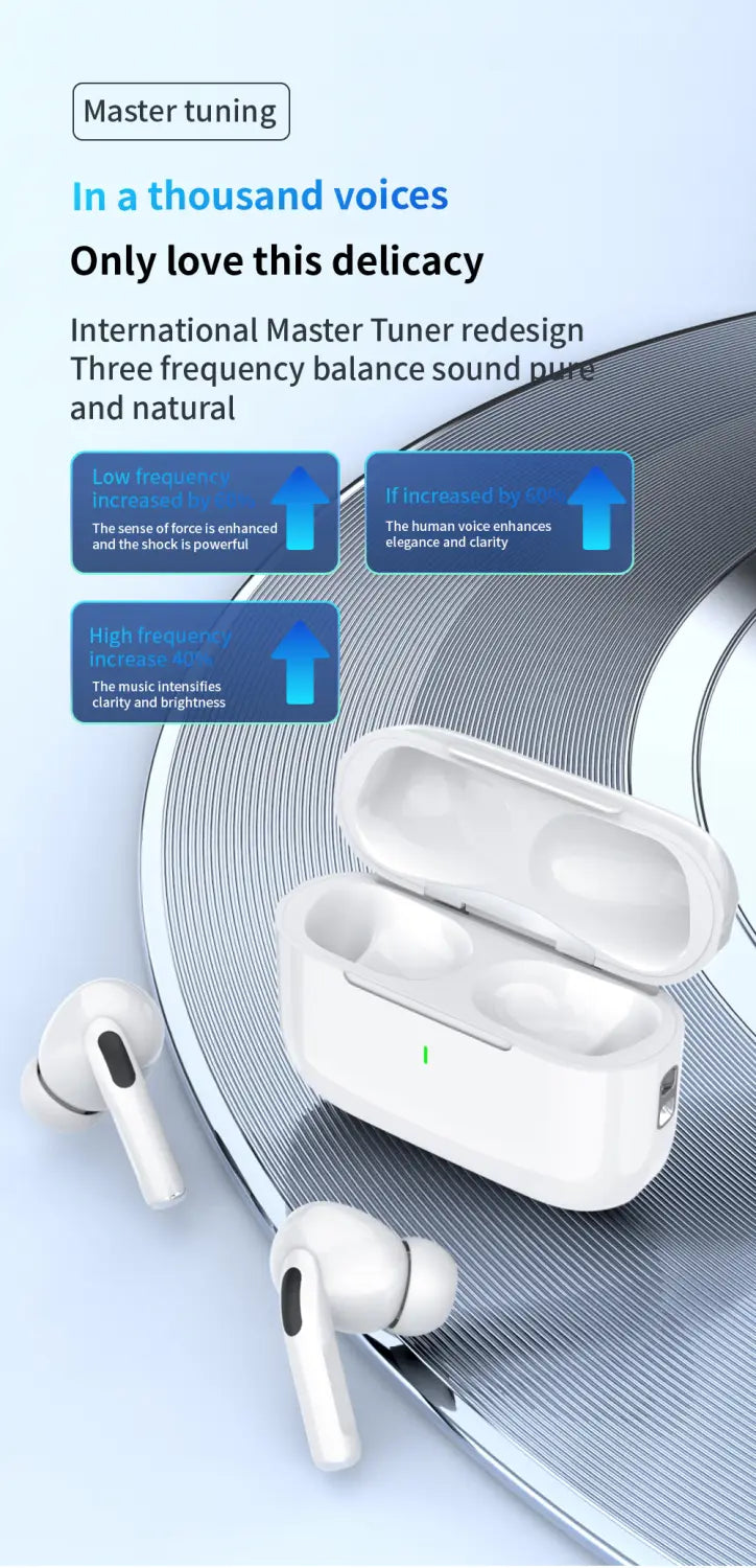 White true wireless Bluetooth earphones with hifi noise reduction and sleek minimalist design featuring a matching charging case.