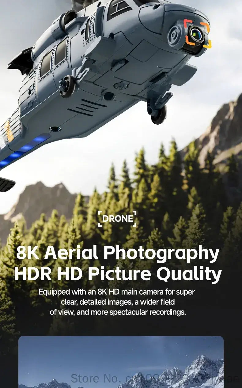 Gray remote control helicopter drone with blue led lights on its underside and an 8k camera mounted on the front for aerial photography.
