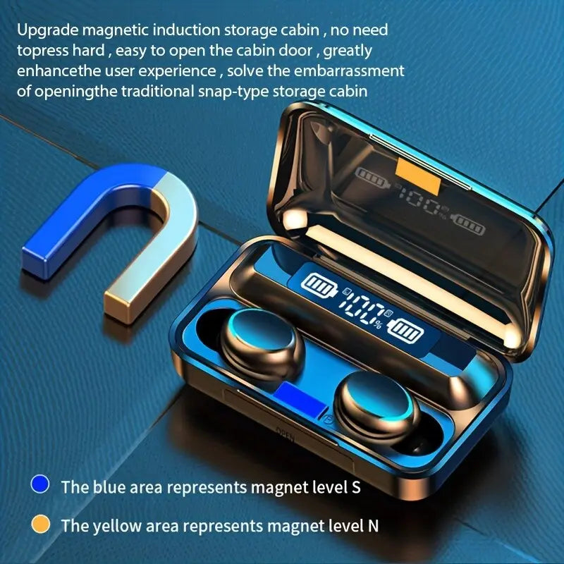 Blaue und goldene kabellose Ohrhörer in einem eleganten magnetischen LED-Ladeetui mit digitaler Akkustandsanzeige, die erweiterte Funktionen des Etui-Ladens hervorhebt