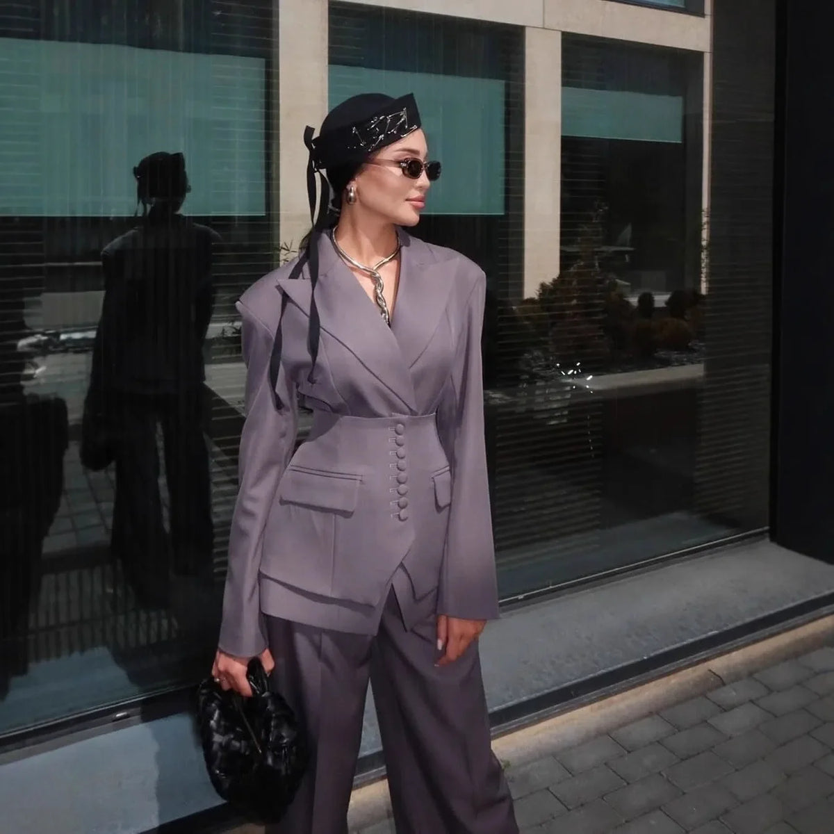 Women's Elegant 2 Piece Suit Set, Tailored Blazer Jacket + High Waist Wide Leg Pants, Office Formal Business Wear