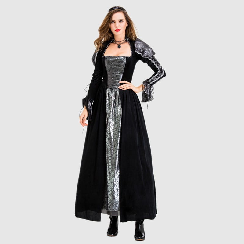 Elegant black and silver gothic vampire queen costume gown featuring a corseted black velvet bodice with lace-trimmed sleeves and a flowing skirt.