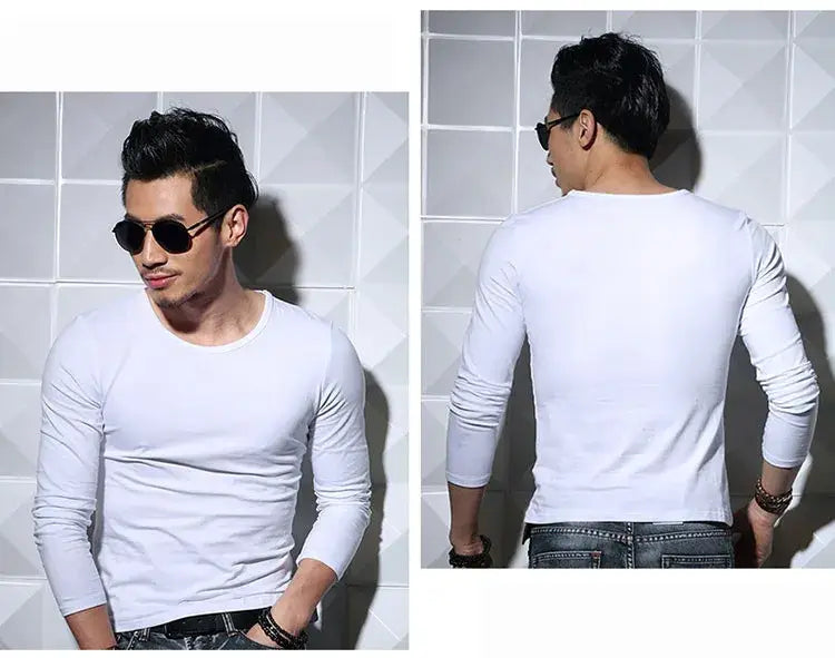 T-shirt blanc ajusté pour homme, encolure en V, à manches longues, réalisé dans une matière souple, adapté à un style ajusté