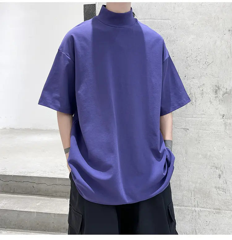 Purple oversized short-sleeve turtleneck t-shirt with relaxed fit designed for casual streetwear.