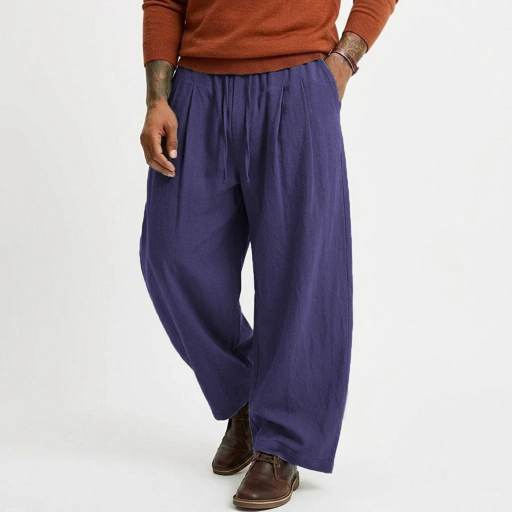 Pantalones casuales de lino para hombre de color morado oscuro, de corte holgado, con cintura ajustable mediante cordón y diseño de pierna recta.