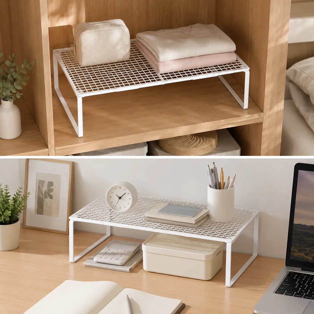 White metal grid closet shelf with a minimalist design and expandable cabinet organizer for versatile cabinet storage.