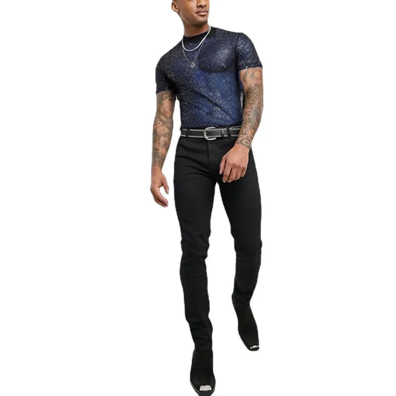 Mesh T-shirts Men Sexy Tops O Neck See-through Pullovers Shiny Short Sleeves T-shirts Men Undershirt Chic Breathable Streetwear