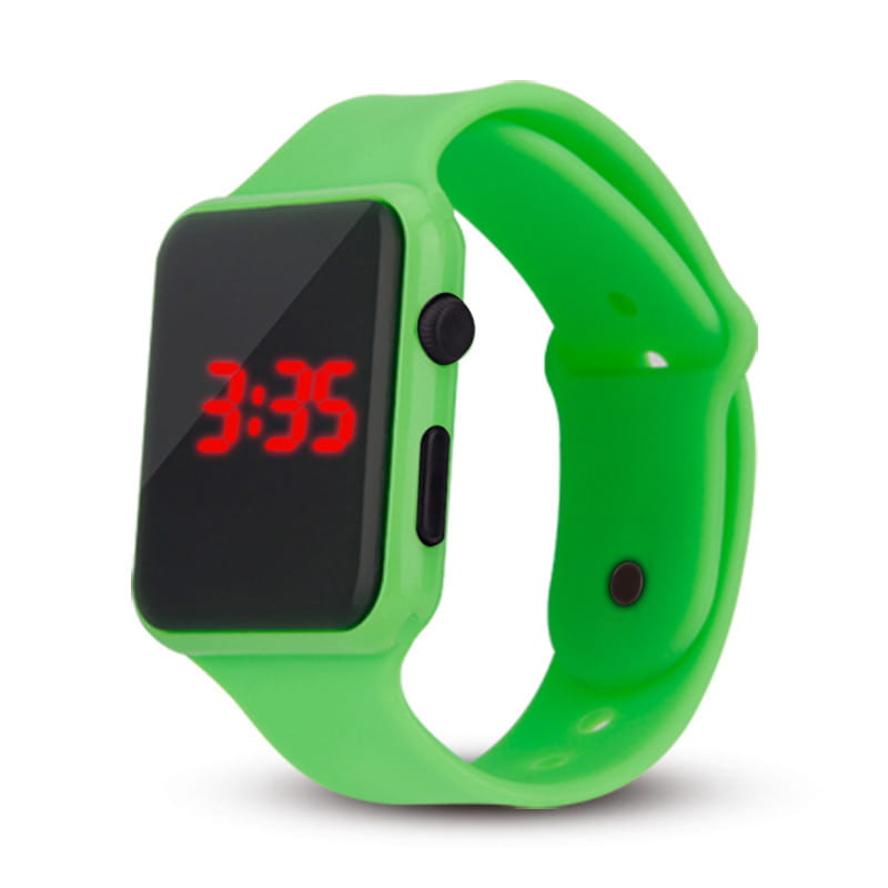 Reloj deportivo casual de silicona verde brillante para hombres y mujeres con visualizador digital rectangular con números rojos, adecuado para un uso casual.