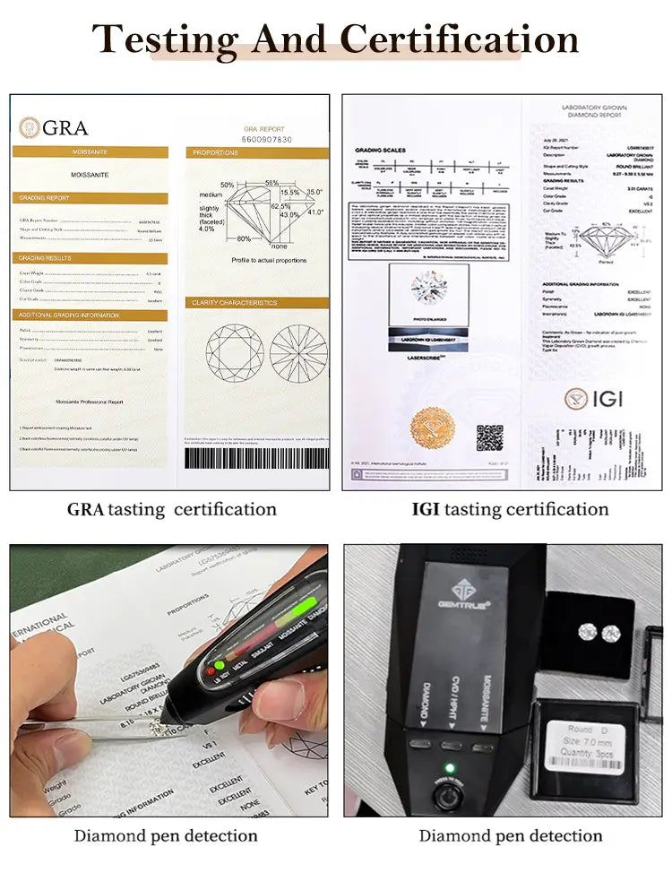 Rapports de certification de diamant GIA et IGI affichés aux côtés d’un appareil de testeur de diamant portatif pour l’ensemble de bague de fiançailles en diamant de laboratoire ovale, en or.