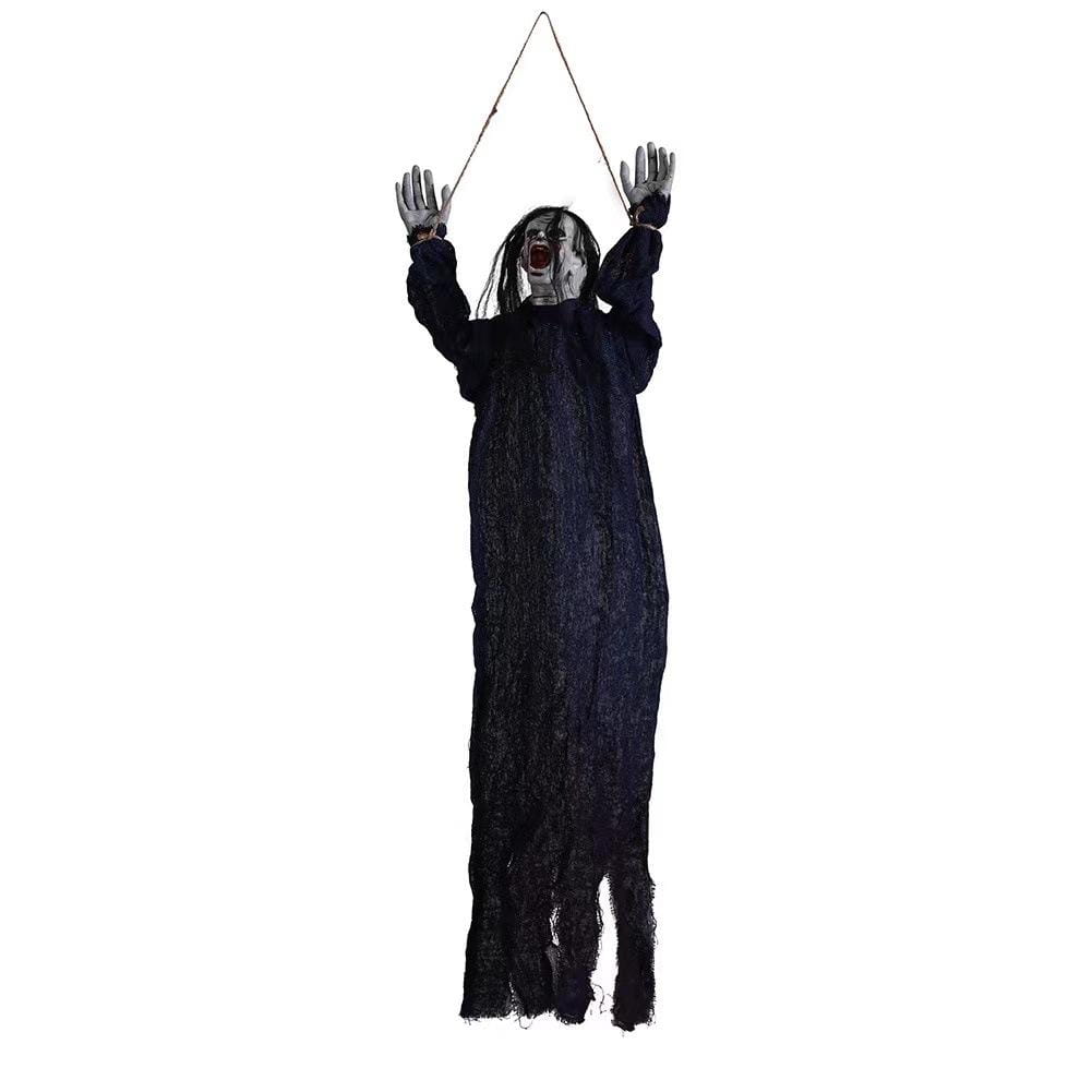 black hanging halloween decorations creepy scarecrow prop featuring a long tattered robe and pale face with an open-mouthed scream
