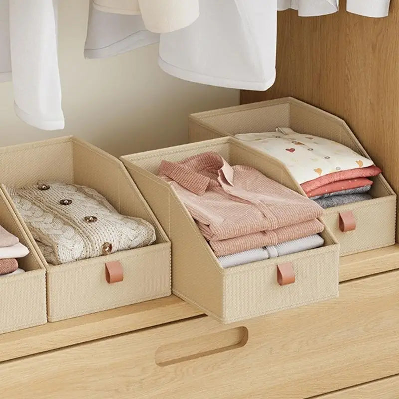 beige fabric storage baskets with leather-like handles for closet shelves package includes six pieces for organized storage.