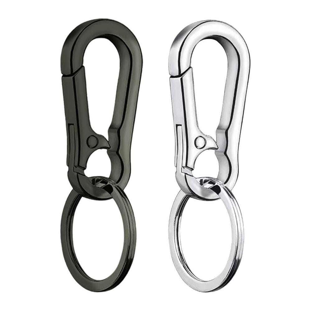 A zinc alloy car keychain anti-lost carabiner ring with a sleek dual-tone matte black and polished silver finish featuring a sturdy metal ring attachment.