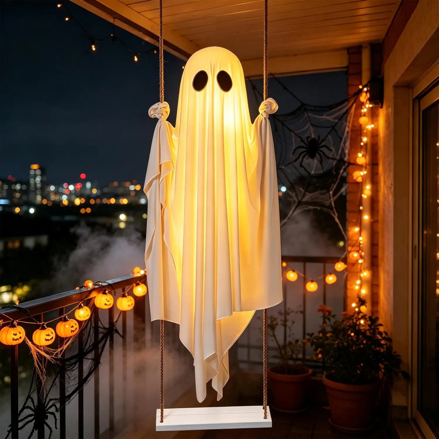 decoración de fantasma colgante oscilante iluminada con una linterna-fantasma blanca luminosa tipo tela, con recortes negros para los ojos, suspendida con cuerdas en un balcón para Halloween exterior.