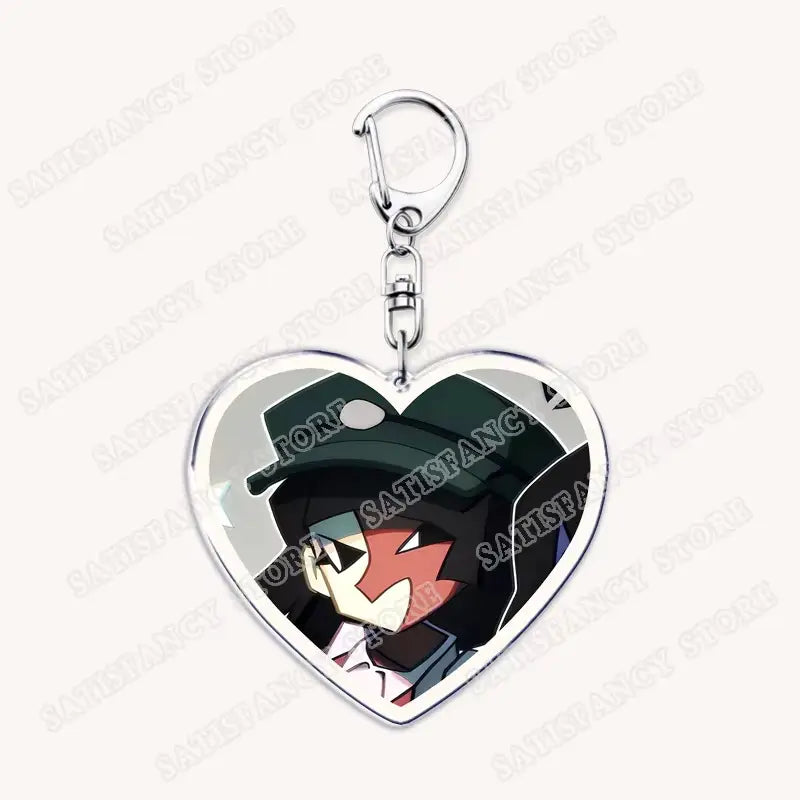 Herzförmiger Acryl-Schlüsselanhänger mit einem schwarzen- und roten Anime-Charakter in einem Zylinder, konzipiert als Geschenk für Gamer.
