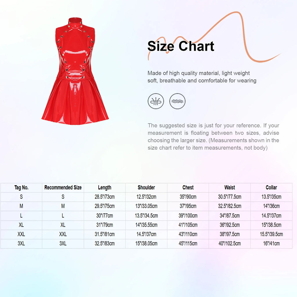 Womens Wet Look PU Leather Latex Dress Open Front Pressing Buttons Overlay Rivets A-line Flare Pleated Hem Glossy Vinyl Dress