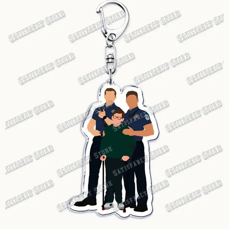 Clear acrylic keychain featuring a cartoon illustration of three police officers with one holding a cane designed as a 9-1-1 tv show firefighter gift.