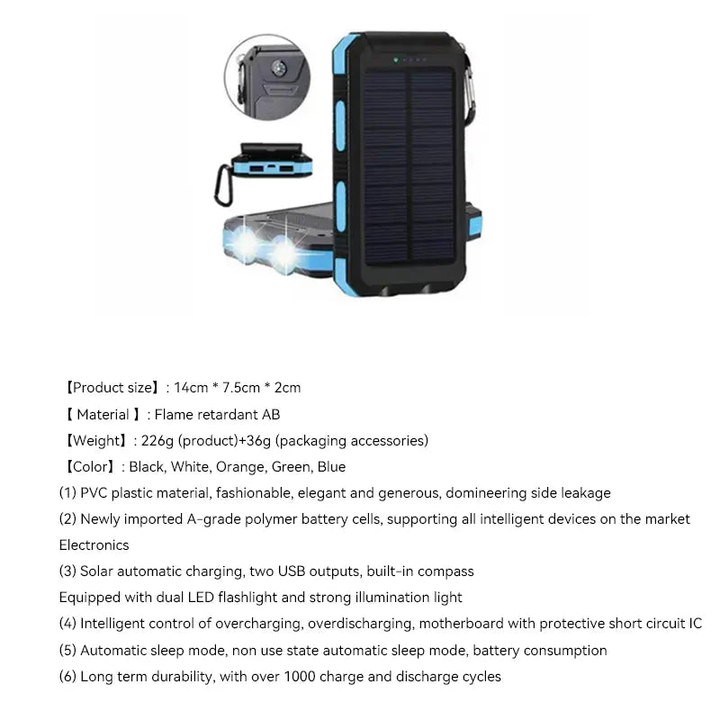 Banco de energía solar negro y azul de 80000 mAh para carga rápida con cargador portátil e integrada linterna LED.