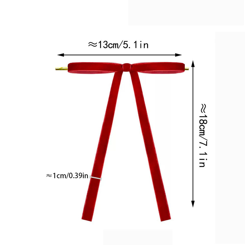 Eine leuchtend rote Samtschleife mit goldfarbenen Metallspitzen, ca. 13 cm breit und 18 cm hoch, aus einem Set von „Stück Samtschleifen für Weihnachtsbaum-Ornamente“