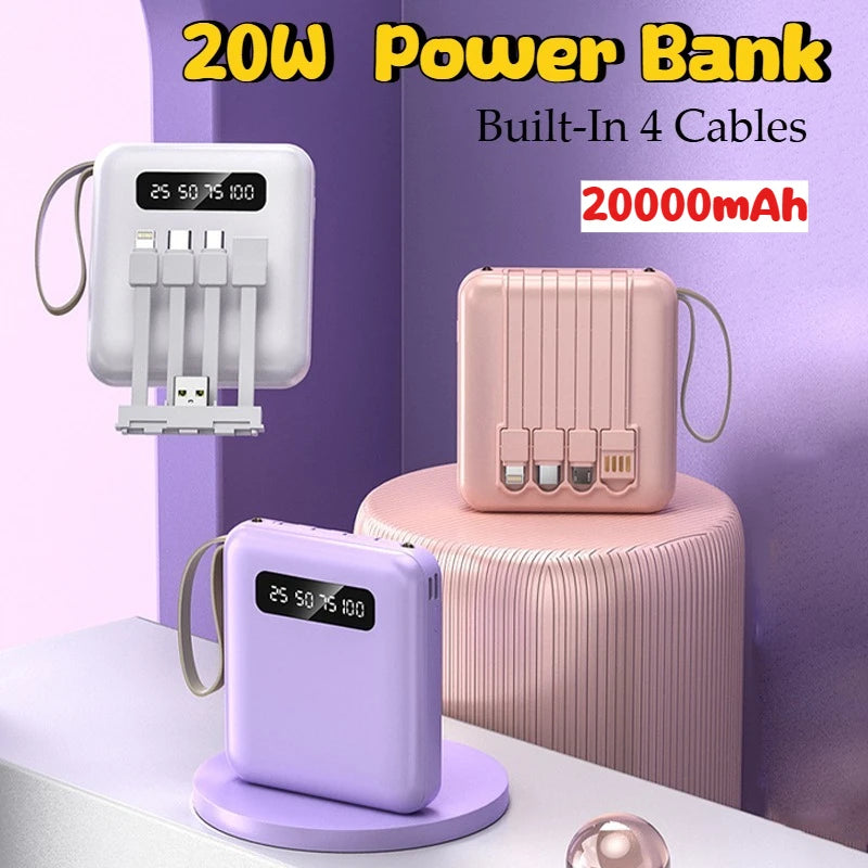 Portable 20W Power Bank Built-in 4 Cables Digital Display Mini External Battery with Lanyard Travel Charger for IPhone Huawei