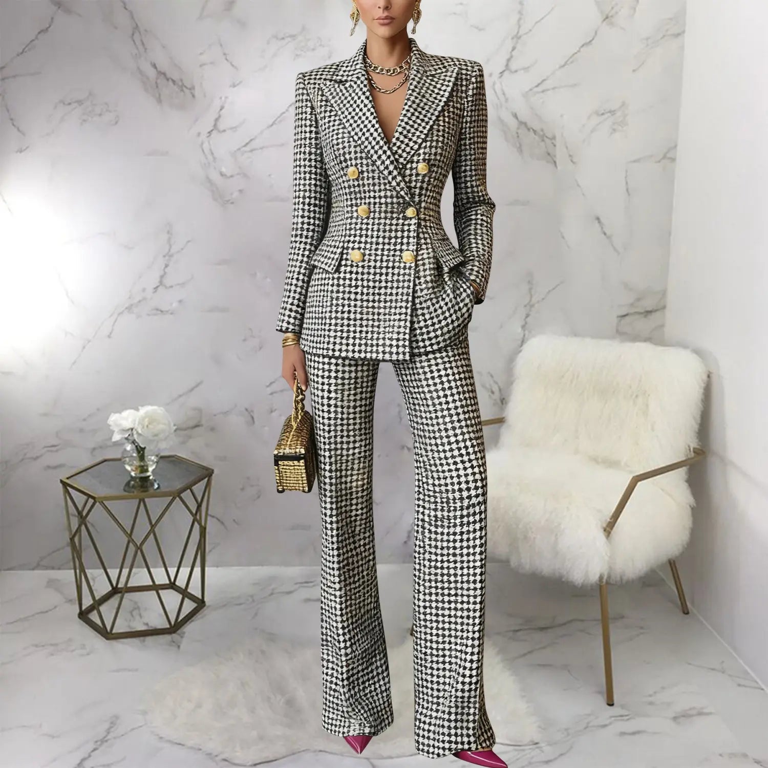 Damen-Karo-Blazer im Schwarz-Weiß-Hahnentritt-Muster aus Synthetikfaser mit zweireihigem Verschluss und goldfarbenen Knöpfen.