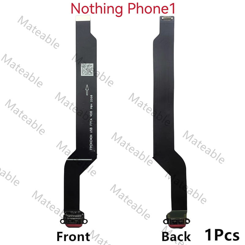 Nothing Phone 1 用の黒色のフレキシブル USB 充電ポート用フレックスケーブルで、耐久性のあるコネクタの USB 充電器設計を前面および背面の表示で示しています。