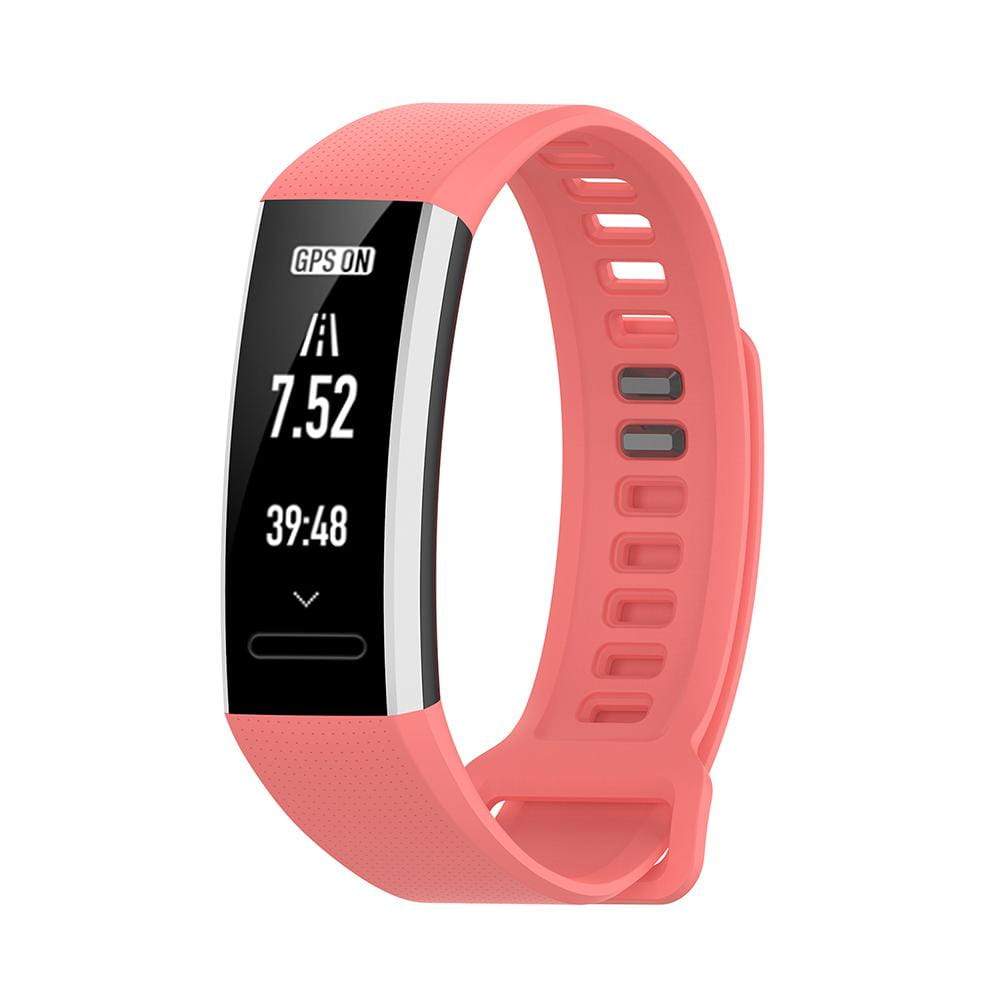 Bracelet en silicone pour Huawei Band 2 Pro, avec une sangle de bracelet rose et un écran noir affichant l’état du GPS et le nombre de pas.