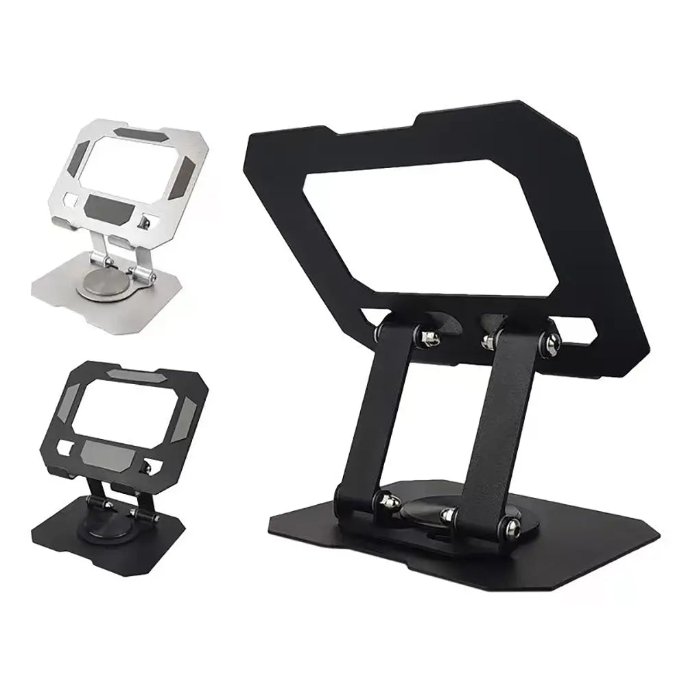 black and silver metallic rotatable tablet stand with a sleek angular design and adjustable foldable features