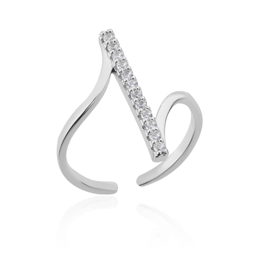 a sleek silver open stainless steel ring for women featuring a curved design with a vertical row of sparkling clear zircon stones, part of zircon geometric rings in gold color collection.