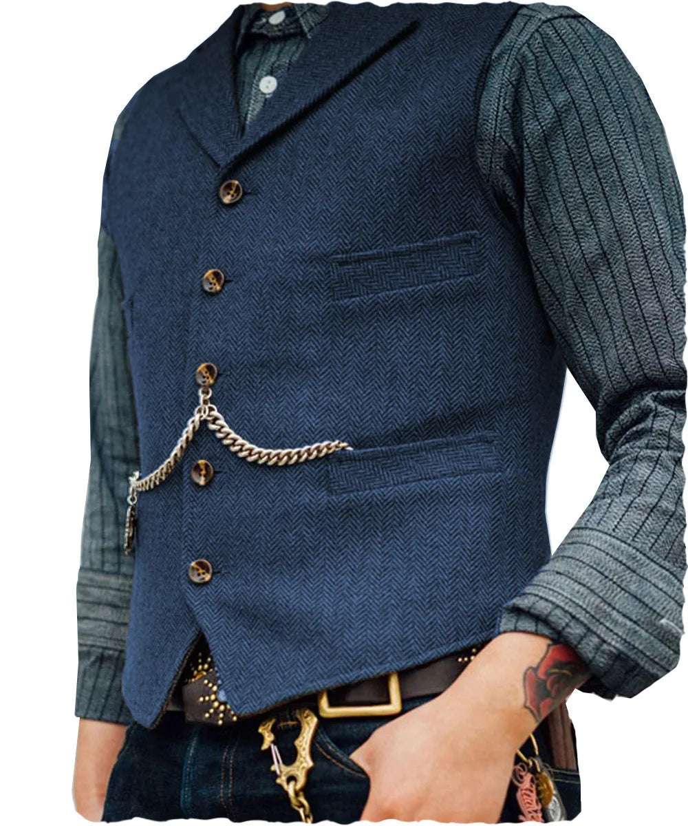 Mens Suit Vest Lapel V Neck Herringbone Casual Business Vest Waistcoat Groomman For Wedding Tweed Business Waistcoat