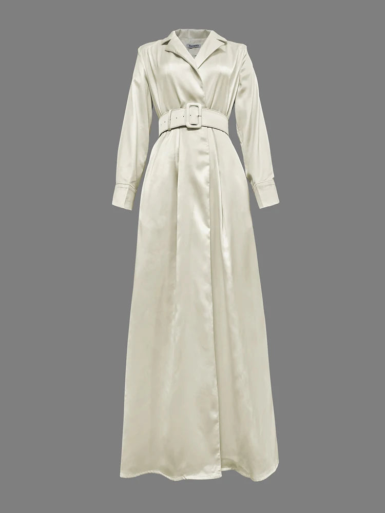 New Party Evening Dresses for Women White Maxi Dress Elegant Long Sleeves Loose No Belt Notched Collar Dresses Women Clothing