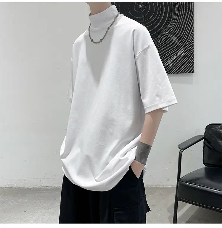 White oversized cotton turtleneck t-shirt with short sleeves designed for casual streetwear.