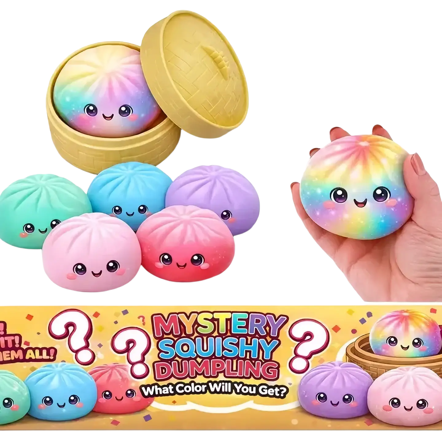 une vue de face d’un jouet sensoriel en forme de ravioli compressible coloré présentant un motif tie-dye arc-en-ciel, un adorable visage de dessin animé et une texture douce, souple et malléable