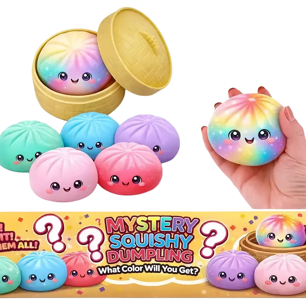 Front view of a colorful squeeze dumpling sensory toy with rainbow tie-dye pattern and cartoon face