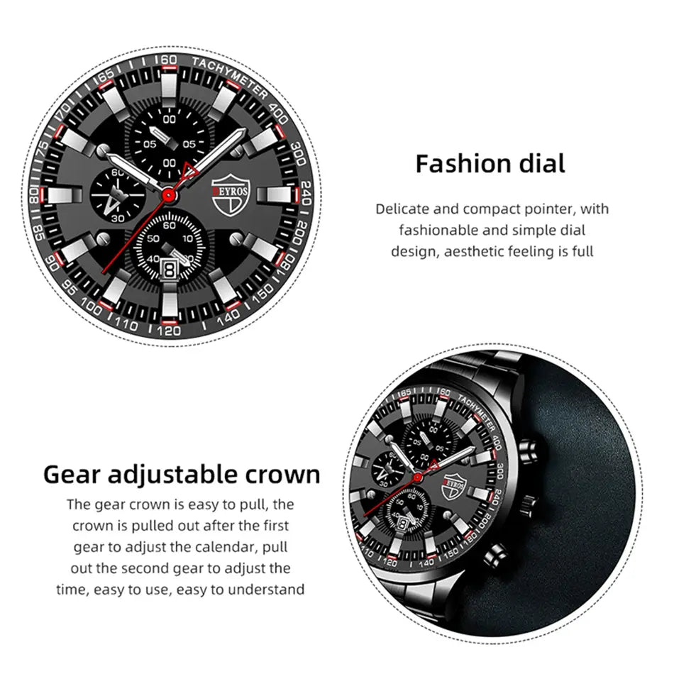 Montre de sport pour homme noire et rouge Deyros, avec boîtier en acier inoxydable et cadran en quartz multifonctionnel comprenant des sous-cadrans de chronographe et une échelle tachymétrique.